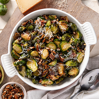 Roasted Brussels Sprouts with Bacon & Pecans