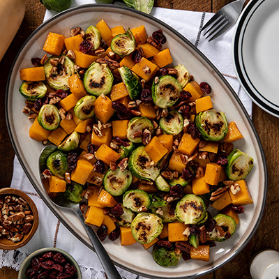 Butternut Squash with Brussel Sprouts, Pecans, Cranberries